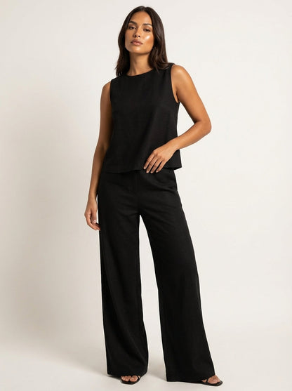Léa - Ensemble en Lin Femme Moderne avec Top Sans Manches et Pantalon Large Palazzo