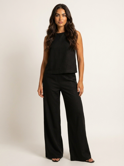 Léa - Ensemble en Lin Femme Moderne avec Top Sans Manches et Pantalon Large Palazzo