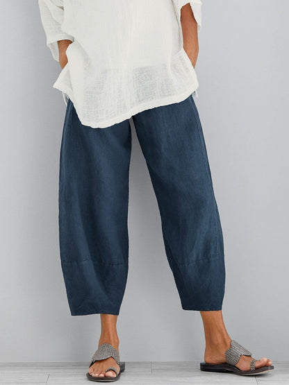 Léa - Pantalon en Lin Femme Bohème Ballon avec Bas Resserré et Taille Élastiquée