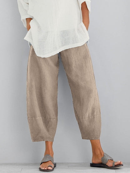 Léa - Pantalon en Lin Femme Bohème Ballon avec Bas Resserré et Taille Élastiquée