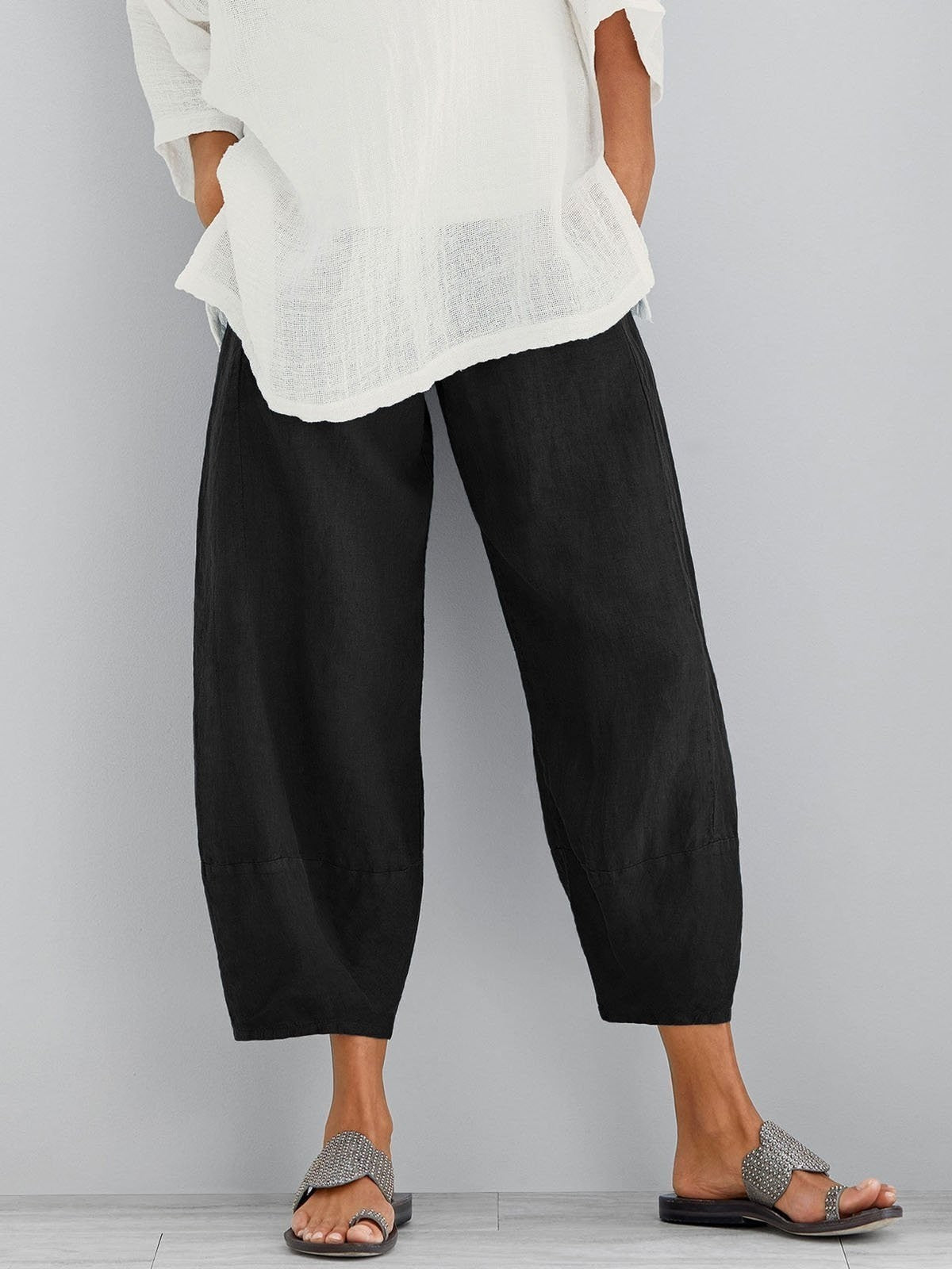 Léa - Pantalon en Lin Femme Bohème Ballon avec Bas Resserré et Taille Élastiquée