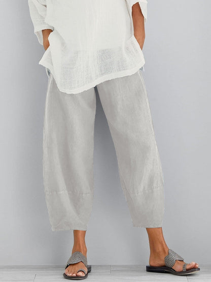 Léa - Pantalon en Lin Femme Bohème Ballon avec Bas Resserré et Taille Élastiquée