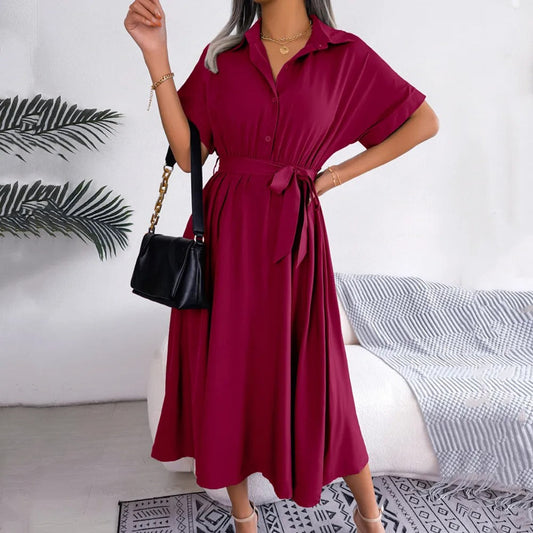 Léa - Robe Invitée Mariage Femme Chic Chemise Boutonnée Ceinturée et Jupe Évasée