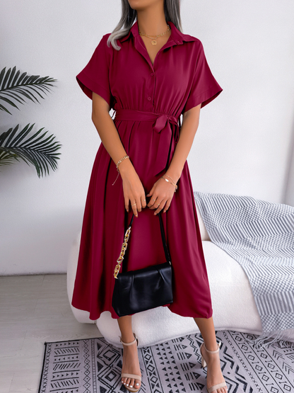 Léa - Robe Invitée Mariage Femme Chic Chemise Boutonnée Ceinturée et Jupe Évasée