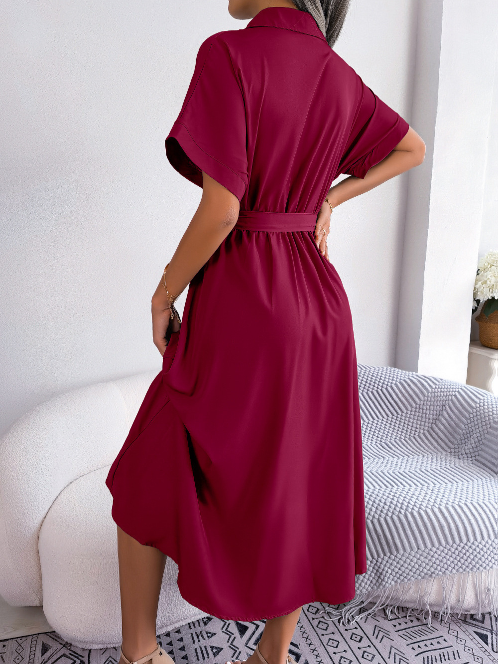 Léa - Robe Invitée Mariage Femme Chic Chemise Boutonnée Ceinturée et Jupe Évasée