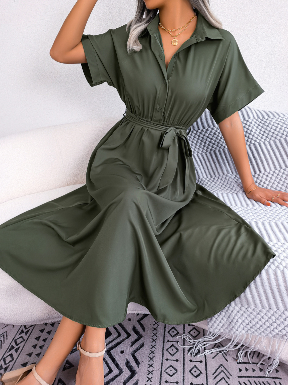 Léa - Robe Invitée Mariage Femme Chic Chemise Boutonnée Ceinturée et Jupe Évasée