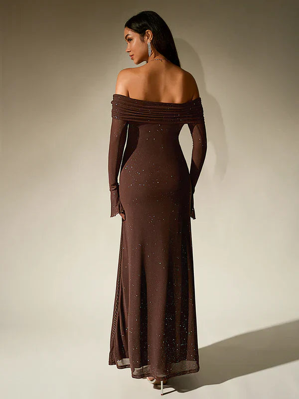 Léa - Robe Invitée Mariage Femme Maxi Épaules Dénudées avec Manches Longues Élégante