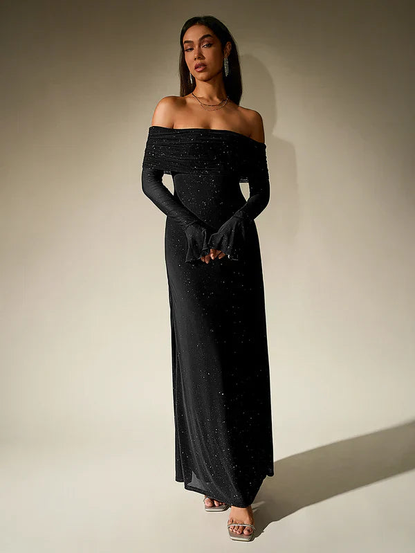 Léa - Robe Invitée Mariage Femme Maxi Épaules Dénudées avec Manches Longues Élégante