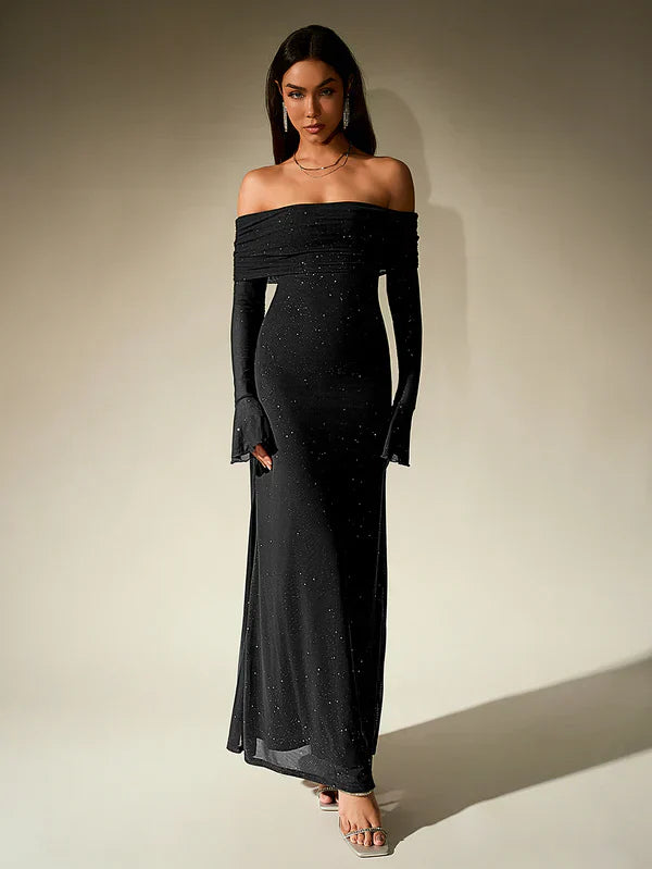 Léa - Robe Invitée Mariage Femme Maxi Épaules Dénudées avec Manches Longues Élégante