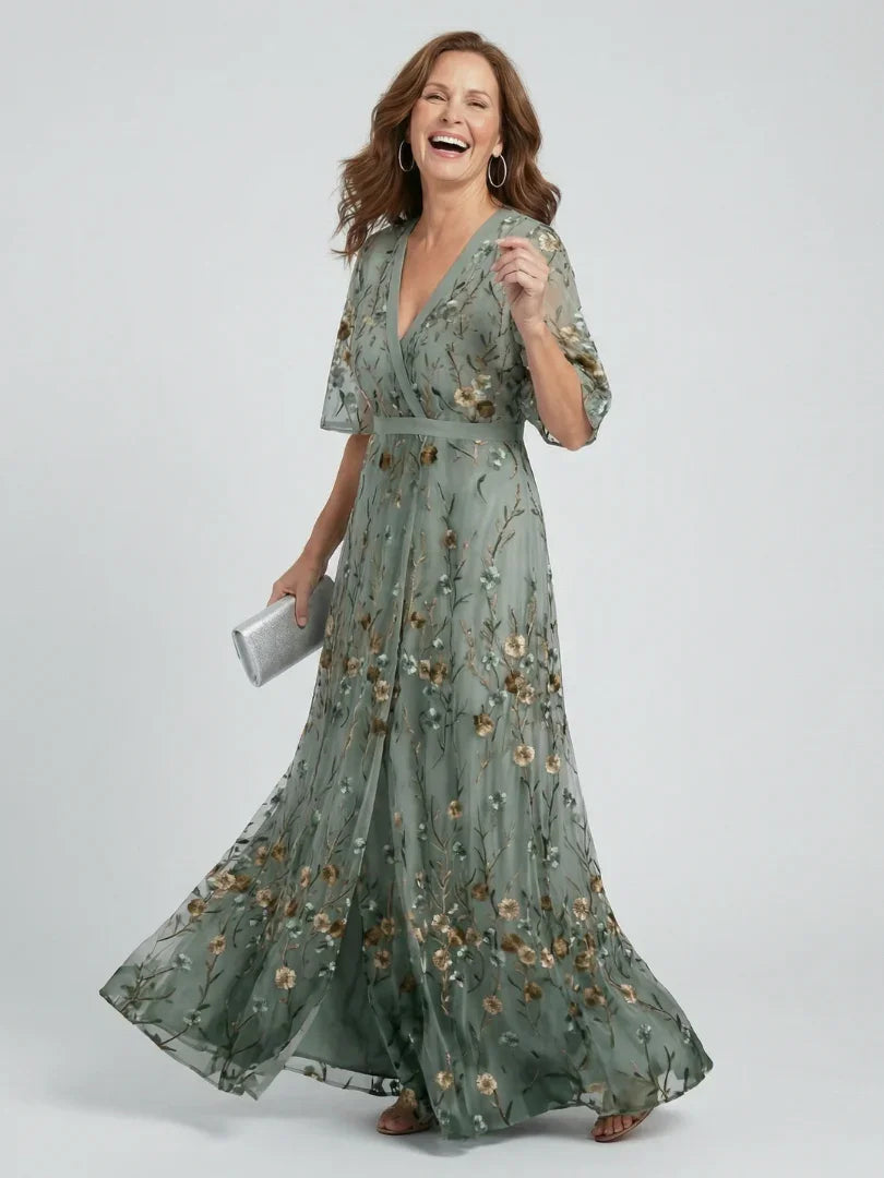 Léa - Robe Longue Élégante Femme avec Manches Papillon et Broderies Florales