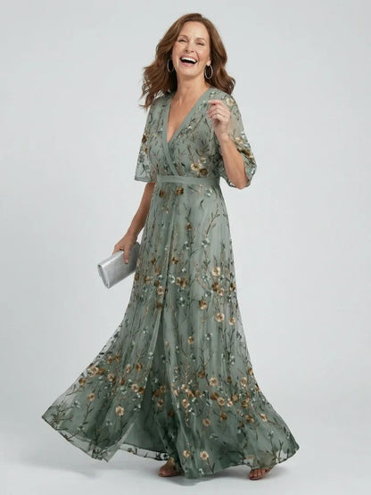 Léa - Robe Longue Élégante Femme avec Manches Papillon et Broderies Florales