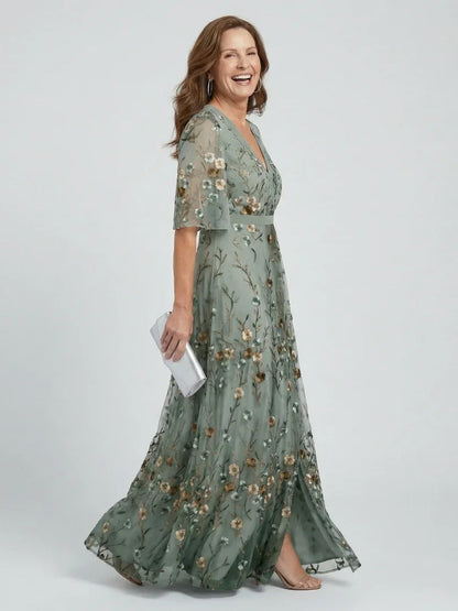 Léa - Robe Longue Élégante Femme avec Manches Papillon et Broderies Florales