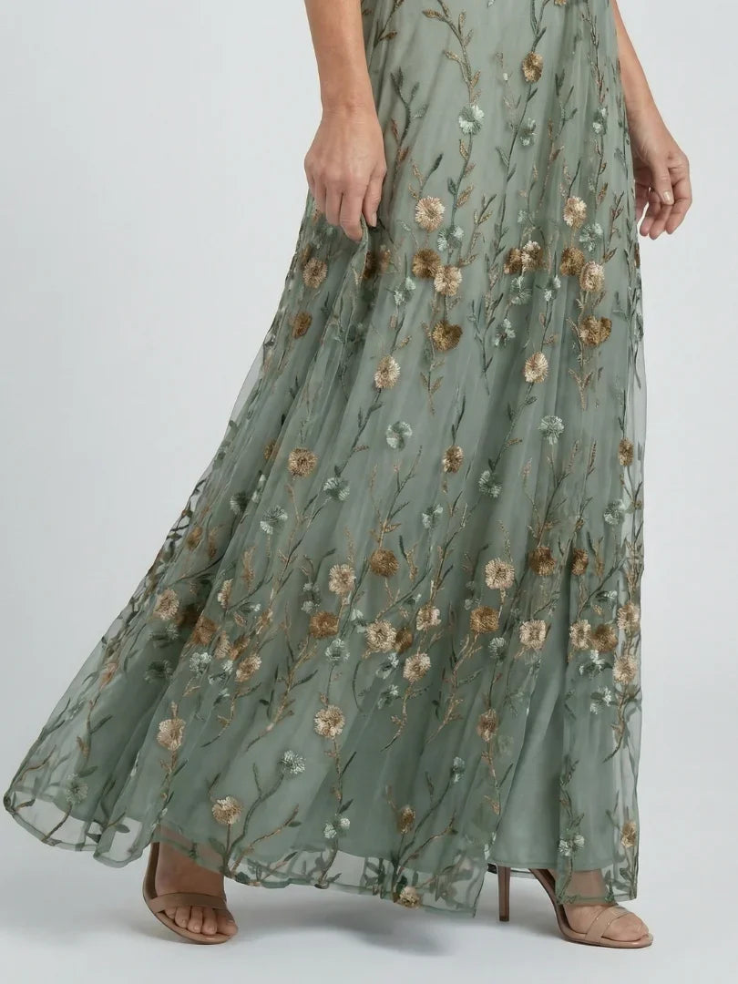 Léa - Robe Longue Élégante Femme avec Manches Papillon et Broderies Florales