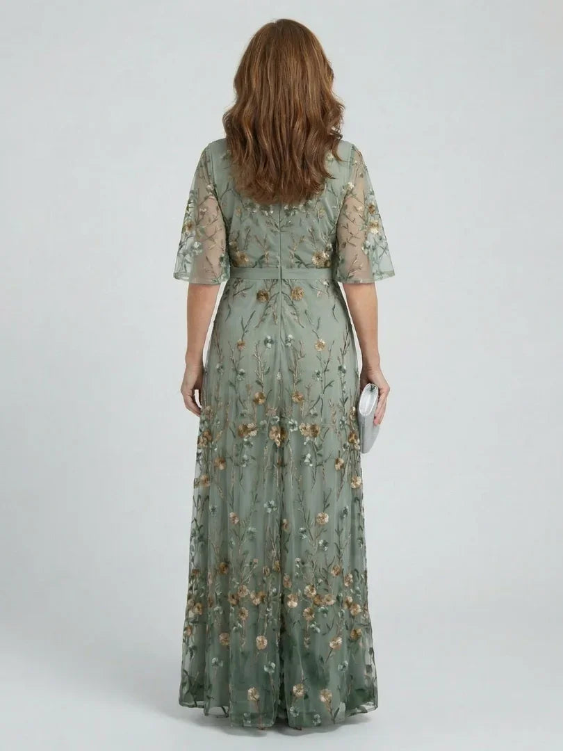 Léa - Robe Longue Élégante Femme avec Manches Papillon et Broderies Florales