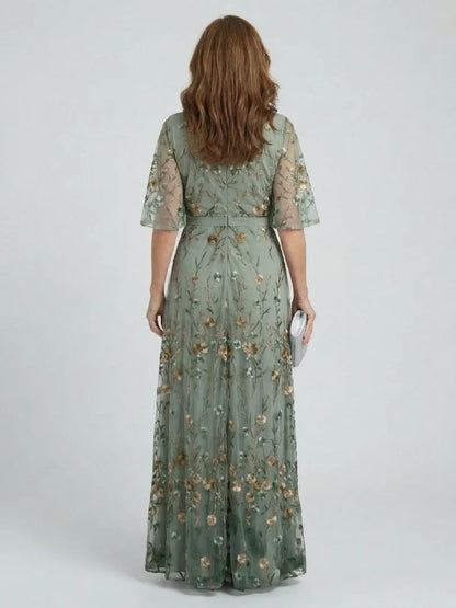 Léa - Robe Longue Élégante Femme avec Manches Papillon et Broderies Florales
