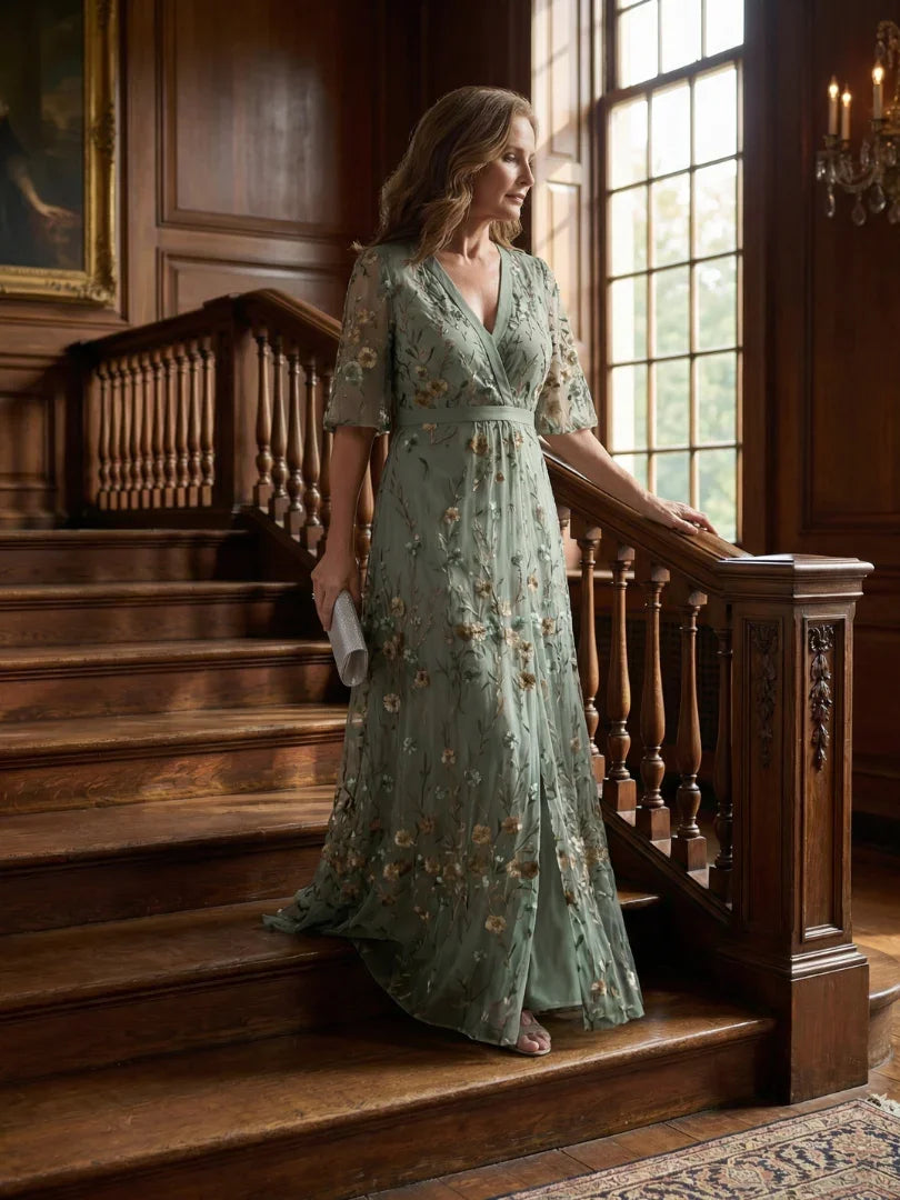 Léa - Robe Longue Élégante Femme avec Manches Papillon et Broderies Florales