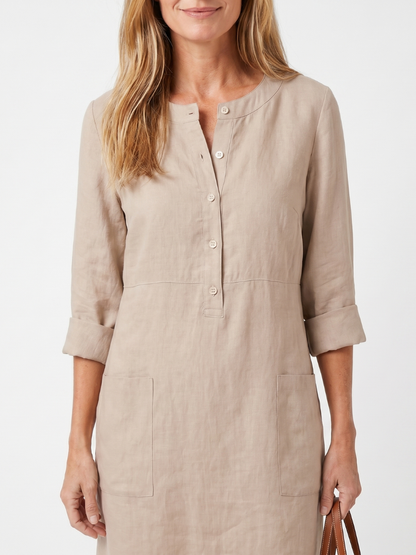 Léa - Robe Midi en Lin Femme Bohème avec Manches 3/4 et Poches Latérales