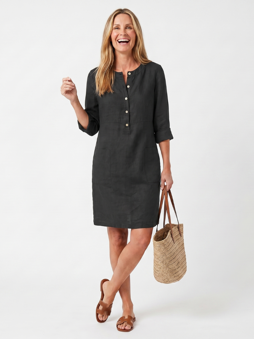 Léa - Robe Midi en Lin Femme Bohème avec Manches 3/4 et Poches Latérales