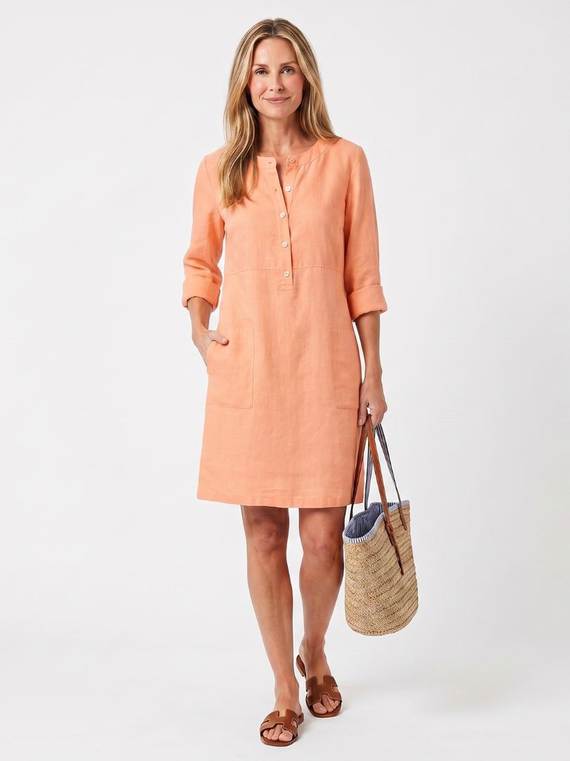 Léa - Robe Midi en Lin Femme Bohème avec Manches 3/4 et Poches Latérales