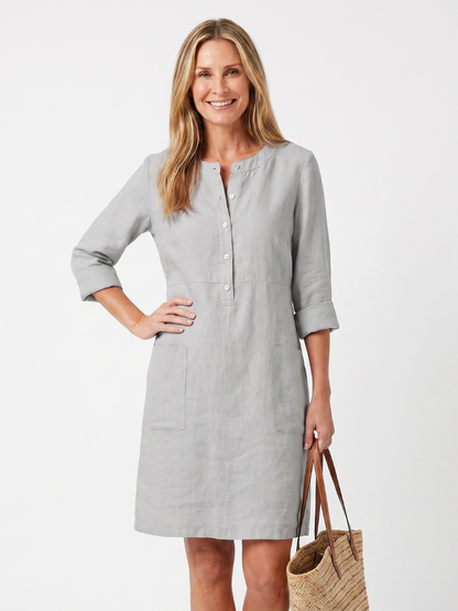 Léa - Robe Midi en Lin Femme Bohème avec Manches 3/4 et Poches Latérales