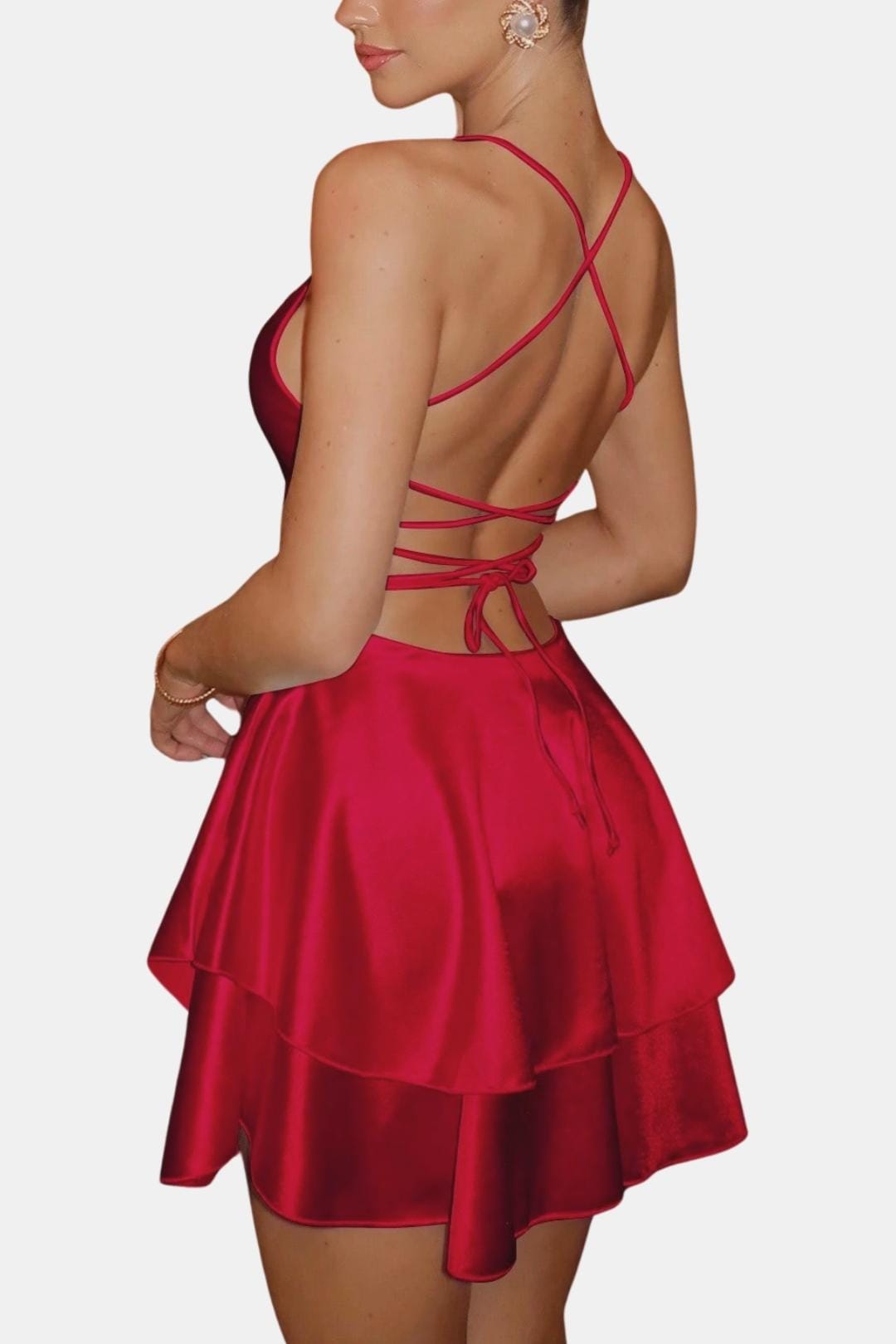Léa - Robe d'Été Femme Courte Tendance avec Dos Nu Croisé et Jupe Évasée à Double Volant