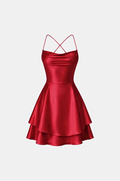 Léa - Robe d'Été Femme Courte Tendance avec Dos Nu Croisé et Jupe Évasée à Double Volant