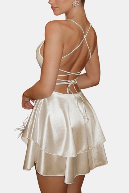 Léa - Robe d'Été Femme Courte Tendance avec Dos Nu Croisé et Jupe Évasée à Double Volant