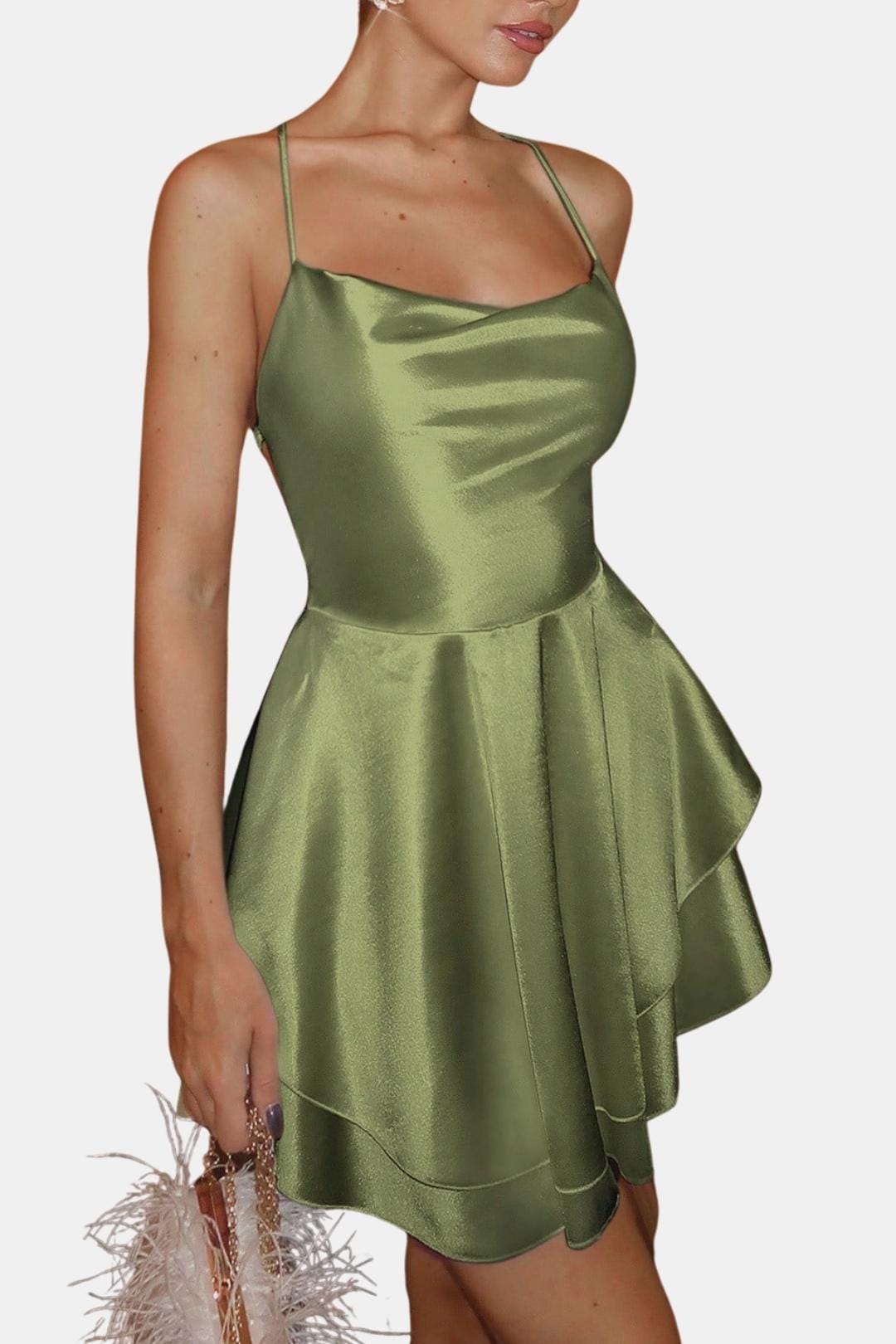Léa - Robe d'Été Femme Courte Tendance avec Dos Nu Croisé et Jupe Évasée à Double Volant
