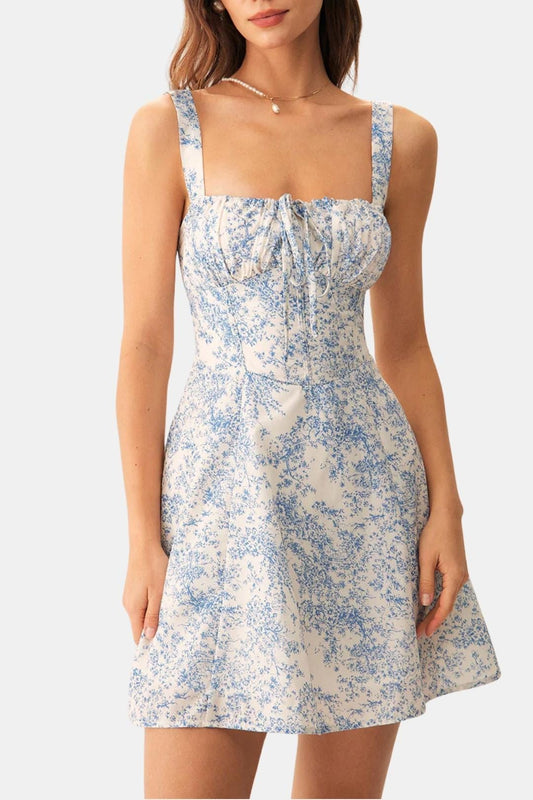 Léa - Robe d'Été Femme Romantique Fleurie avec Bretelles Larges et Col Carré