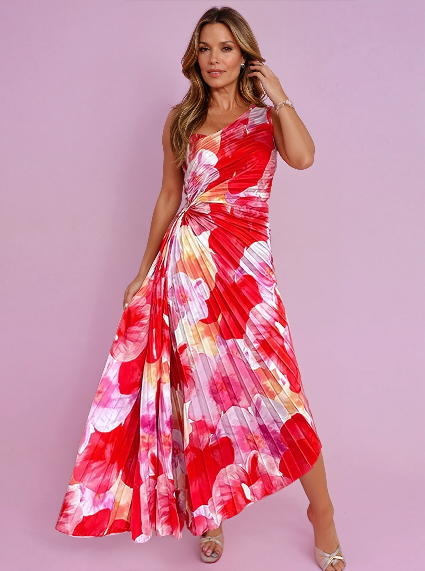 Léa - Robe d'Été Longue Femme Bohème Fleurie Plissée avec une Épaule et Ceinture Nouée