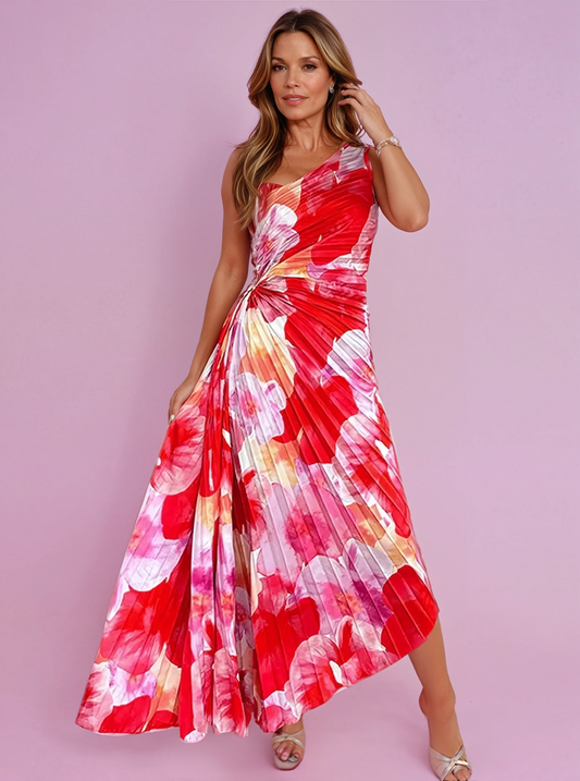 Léa - Robe d'Été Longue Femme Bohème Fleurie Plissée avec une Épaule et Ceinture Nouée
