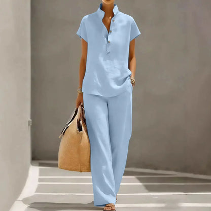 Lola - Ensemble en Lin Femme Chic avec Top Col Mao et Pantalon Fluide Assorti