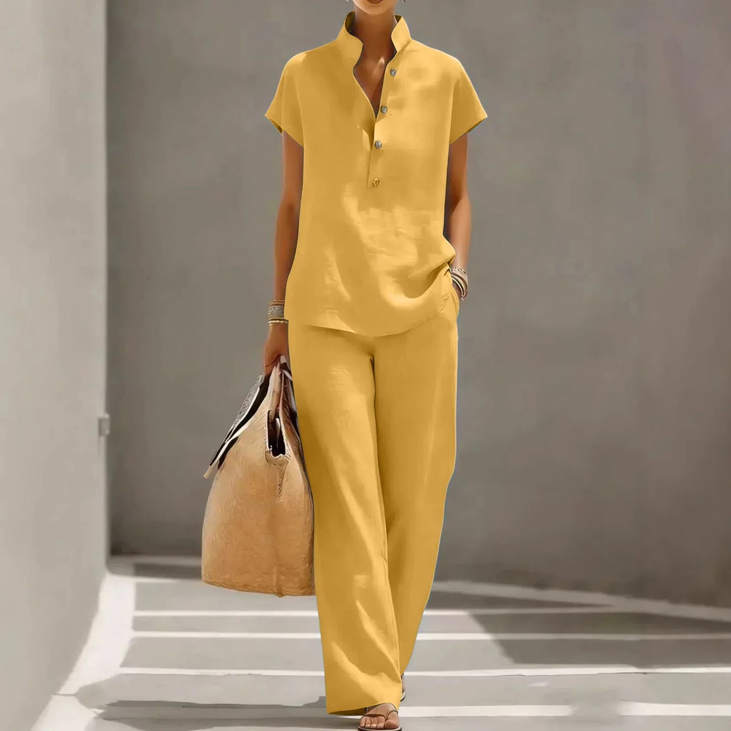 Lola - Ensemble en Lin Femme Chic avec Top Col Mao et Pantalon Fluide Assorti