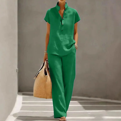 Lola - Ensemble en Lin Femme Chic avec Top Col Mao et Pantalon Fluide Assorti