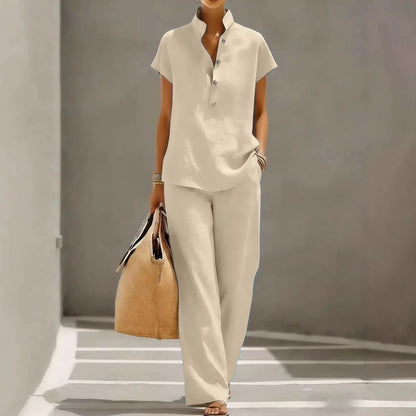 Lola - Ensemble en Lin Femme Chic avec Top Col Mao et Pantalon Fluide Assorti
