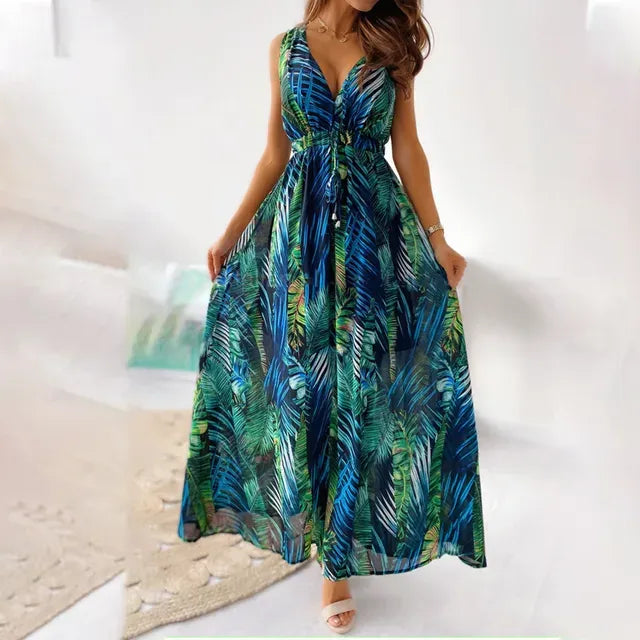 Lola - Robe Invitée Mariage Femme Bohème Longue Imprimé Tropical et Col V