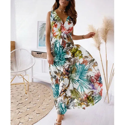 Lola - Robe Invitée Mariage Femme Bohème Longue Imprimé Tropical et Col V