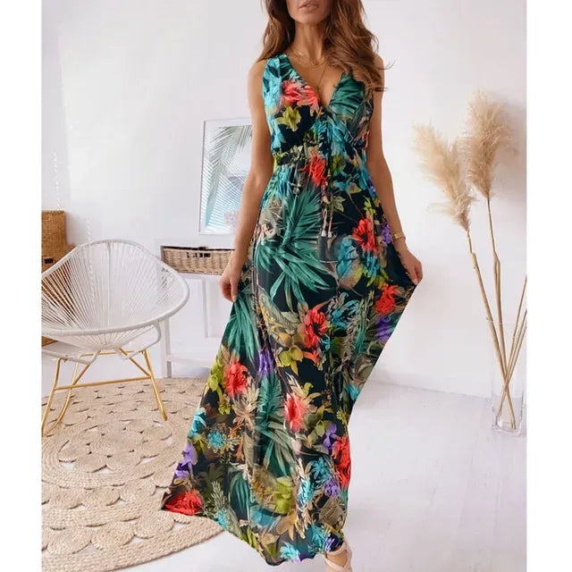 Lola - Robe Invitée Mariage Femme Bohème Longue Imprimé Tropical et Col V