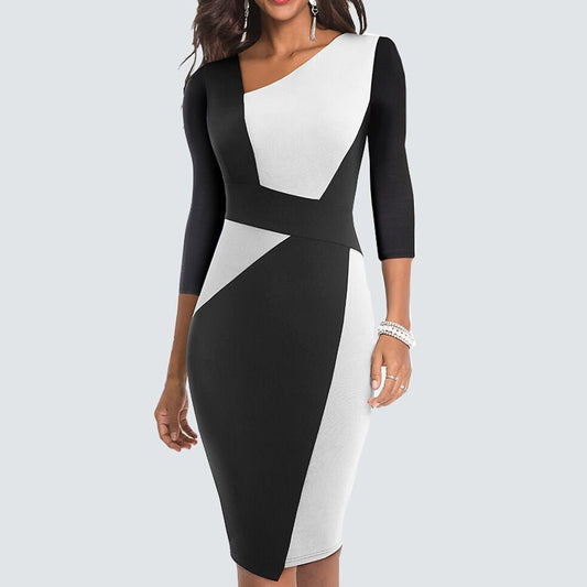 Lola - Robe Invitée Mariage Femme Chic Fourreau à Encolure Asymétrique et Manches Trois-Quarts