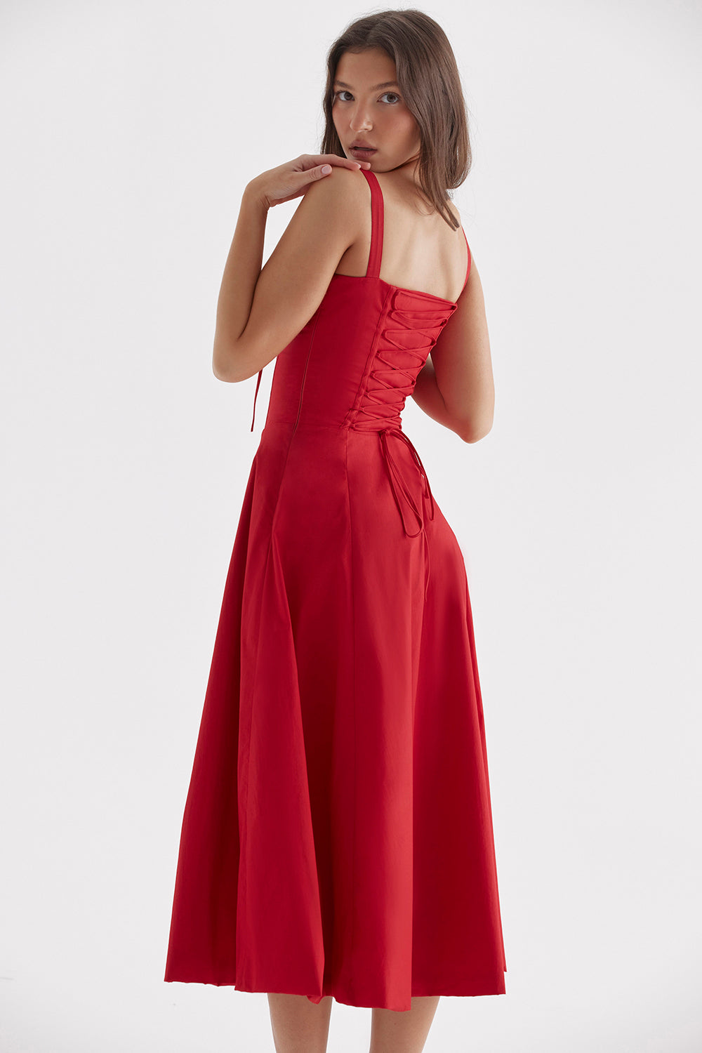 Lola - Robe Invitée Mariage Femme Midi Bustier à Bretelles et Jupe Évasée Romantique