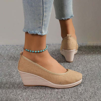 Lola - Sandales Orthopédiques Femme à Talon Compensé Chic et Semelle Raphia