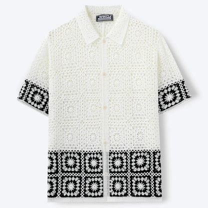 Louis - Chemise Homme Bohème Manches Courtes avec Motifs Graphiques et Col Classique