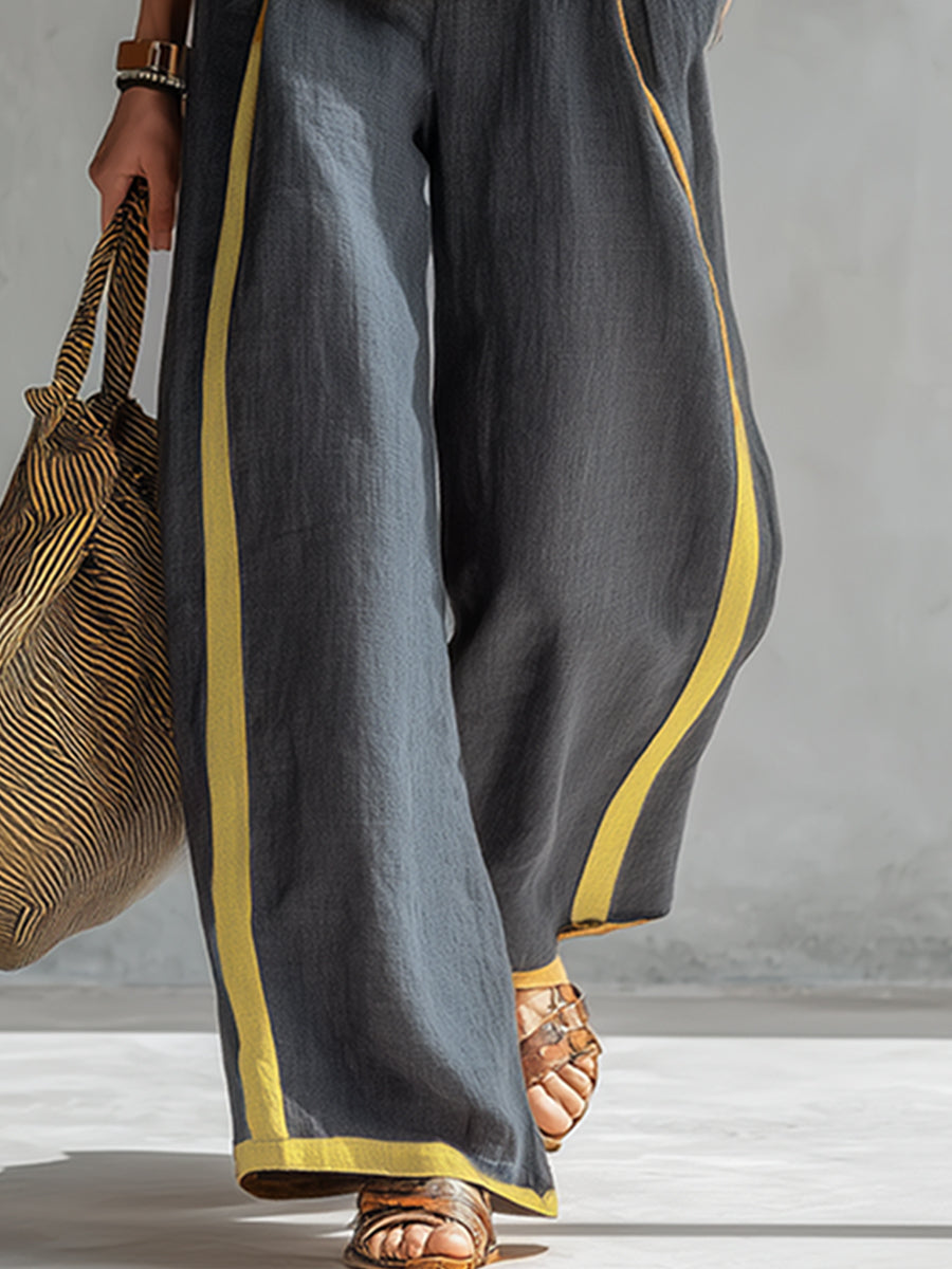 Louise - Ensemble en Lin Chic Femme avec Top Sans Manches et Pantalon Large à Bandes Contrastantes