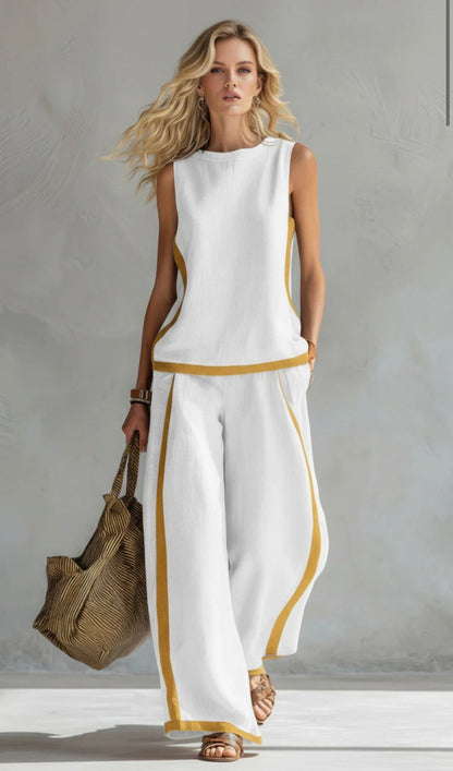 Louise - Ensemble en Lin Chic Femme avec Top Sans Manches et Pantalon Large à Bandes Contrastantes