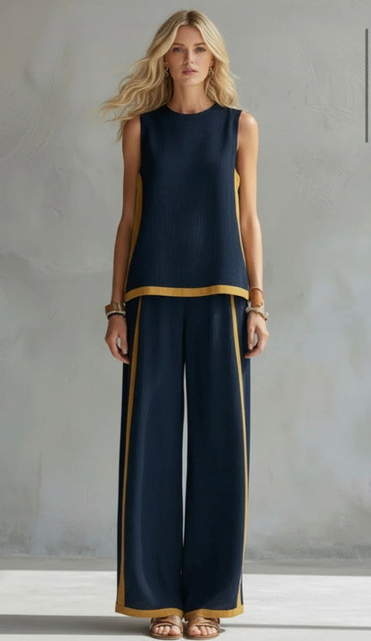 Louise - Ensemble en Lin Chic Femme avec Top Sans Manches et Pantalon Large à Bandes Contrastantes
