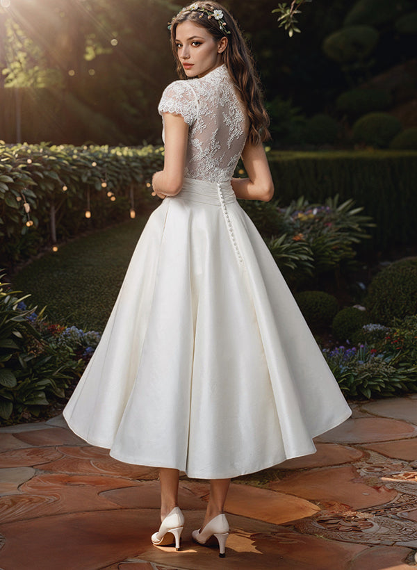 Louise - Robe Invitée Mariage Femme Romantique Jupe Évasée et Col V en Dentelle