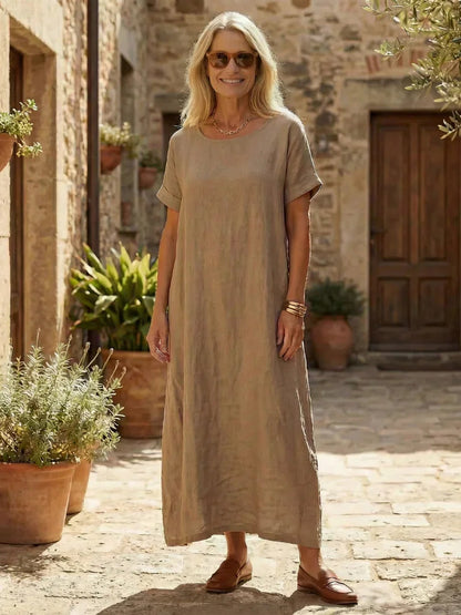 Louise - Robe Maxi en Lin Femme Casual avec Col Rond et Manches Courtes