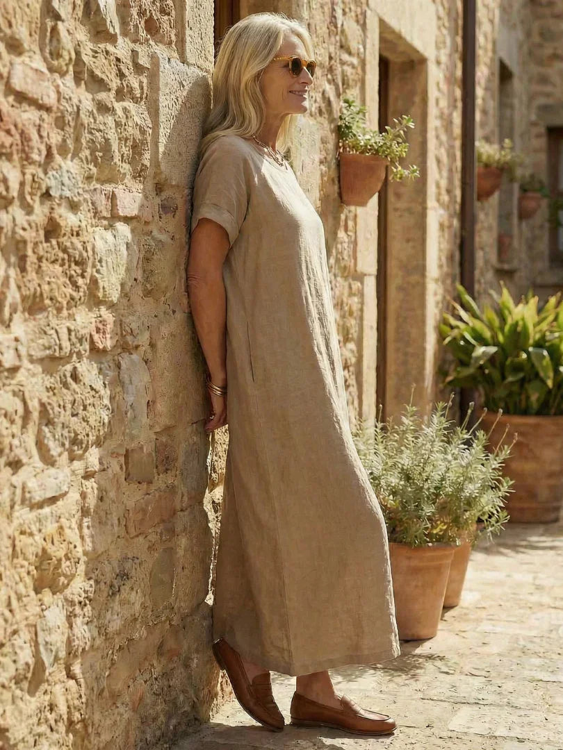 Louise - Robe Maxi en Lin Femme Casual avec Col Rond et Manches Courtes