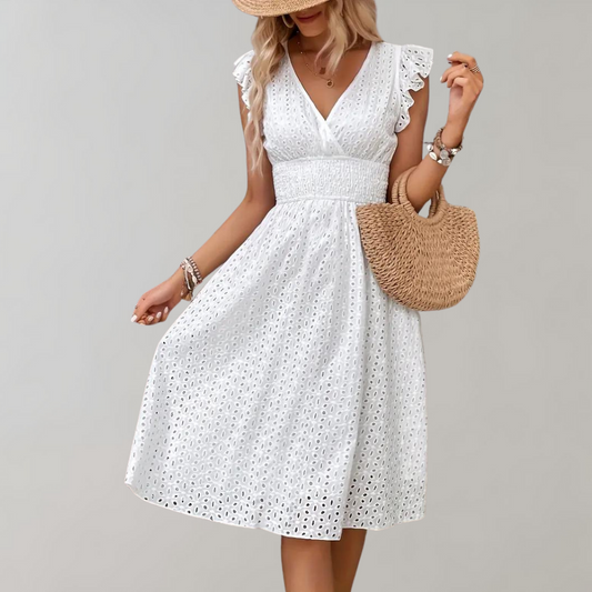Lucie - Robe d'Été Bohème Femme à Col V avec Broderies Ajourées et Manches Volantées