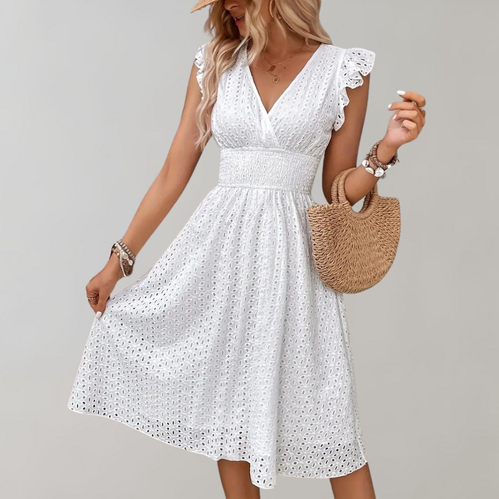 Lucie - Robe d'Été Bohème Femme à Col V avec Broderies Ajourées et Manches Volantées
